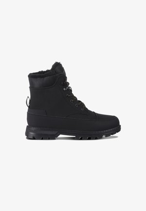 Black waterproof ankle boot with a textured cuff, lace-up design, reinforced toe, and rugged sole for traction. Features a pull tab at the back.