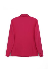 Blazer fuchsia à manches longues avec un col en satin. Présente une silhouette ajustée, des lignes épurées et un design de dos simple.