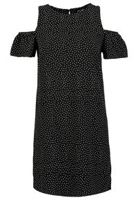 Musta mekko, jossa on kylmä olkain -design, lyhyet röyhelöhiheet ja valkoisia pilkkuja. Pyöreä pääntie, jossa on avainrei'ellä varustettu takaosa.