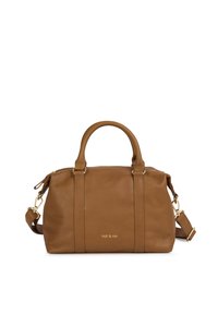 Borsa a mano in pelle marrone con doppi manici, tracolla rimovibile, accessori in metallo dorato e chiusura a zip. Dettaglio del logo sulla parte anteriore.