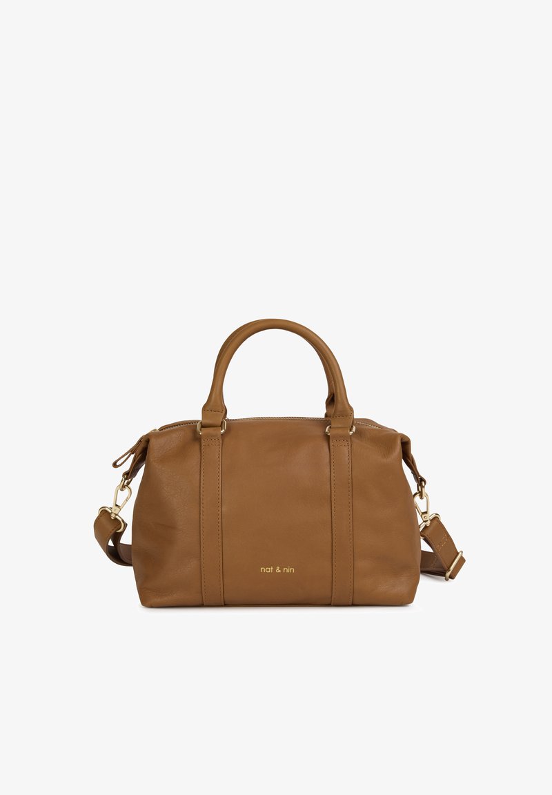 Brown leather handbag with dual handles, detachable shoulder strap, gold hardware accents, and a zipper closure. Logo detail on the front.