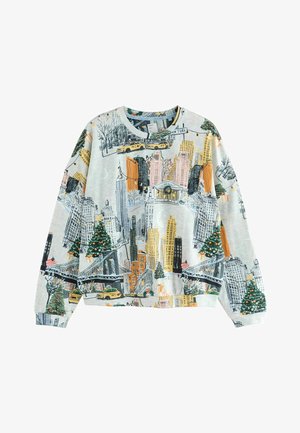 Sweatshirt with colorful New York City skyline, yellow cabs, bridges, Christmas trees, and holiday decorations on a light gray background.