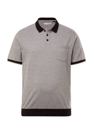 Graues Poloshirt mit schwarzem Kragen, Dreiknopfverschluss und einer Brusttasche. Mit schwarzen Akzentstreifen an den Ärmeln und am Saum.