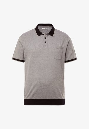 Grå polo t-shirt med sort krave, tre-knaps knaplukning og brystlomme. Har sorte accentstriber på ærmerne og i kanten.