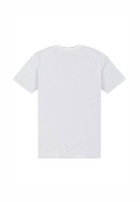 Hvid kortærmet t-shirt lavet af blødt stof, med rund halsudskæring og en ensfarvet ryg uden mønstre eller grafik.