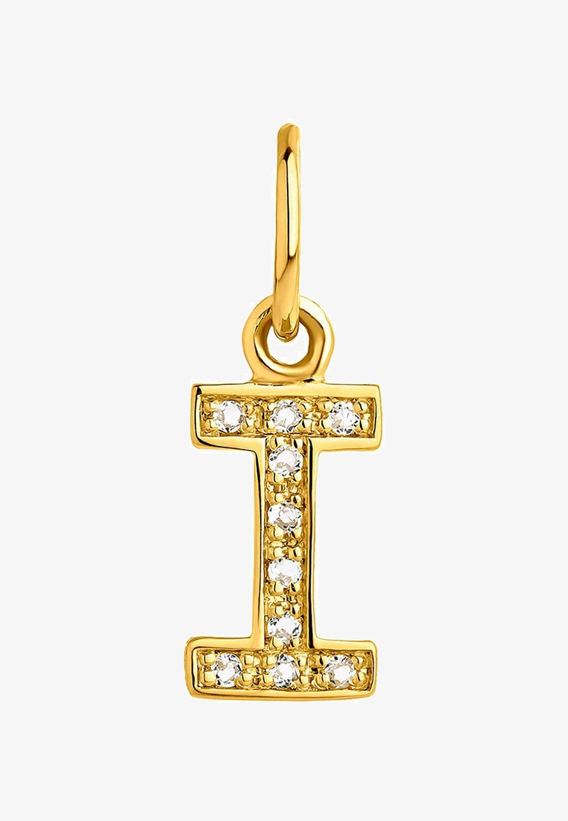Colgante de letra "I" en oro que presenta cristales redondos y transparentes engastados en el contorno de la letra, suspendido por un lazo circular para su sujeción.