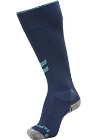 Granatowe skarpetki do kolan z jasnoniebieskimi akcentami. Wykonane z teksturowanej tkaniny, z wzmocnioną piętą i palcami dla większej trwałości.
