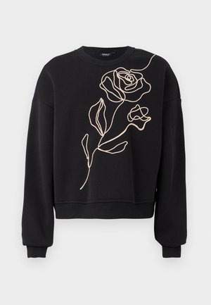 Sweatshirt preto de mangas longas com punhos e bainha canelados, apresentando um design de rosa bordado em linha única em bege na parte da frente.