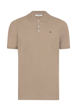 Bézs rövid ujjú galléros póló három fehér gombbal, bal mellrészen kis hímzett logóval.