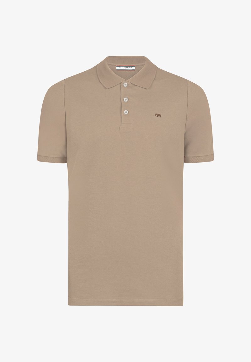 Polo beige à manches courtes avec col et trois boutons blancs, avec un petit logo brodé sur la poitrine gauche.