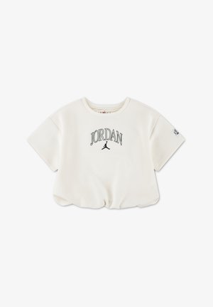 T-shirt à manches courtes couleur crème avec un logo "JORDAN" noir et la silhouette Jumpman. Tissu doux avec une coupe décontractée et un ourlet incurvé.