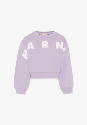 Felpa corta color lavanda con lettere ricamate bianche "A R N" e dettagli cuciti. Realizzata in tessuto morbido; presenta maniche lunghe e polsini a costine.