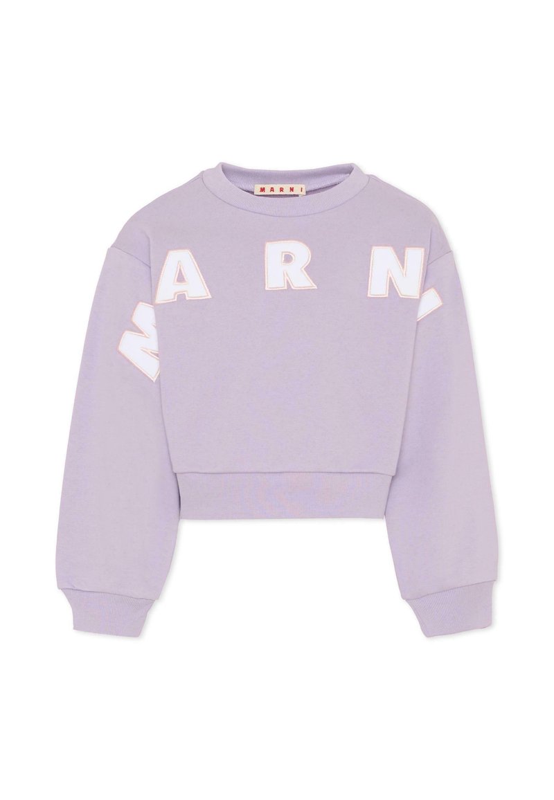 Felpa corta color lavanda con lettere ricamate bianche "A R N" e dettagli cuciti. Realizzata in tessuto morbido; presenta maniche lunghe e polsini a costine.