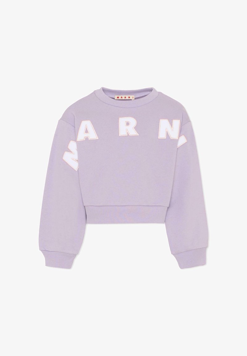 Felpa corta color lavanda con lettere ricamate bianche "A R N" e dettagli cuciti. Realizzata in tessuto morbido; presenta maniche lunghe e polsini a costine.