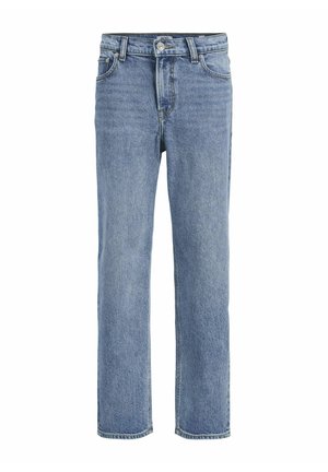 Jean en denim bleu clair avec une coupe droite, cinq poches et une fermeture à bouton. Tissu de poids moyen avec une finition légèrement texturée.