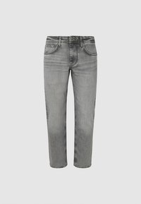 Jeans in denim grigio a gamba dritta con bottone frontale e tasche, esposti su uno sfondo leggero grigio chiaro.