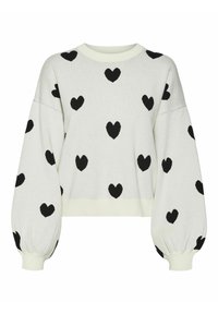 Pull crème avec des motifs de cœurs noirs, col rond, épaules tombantes et manches bouffantes, fabriqué en tissu tricoté doux.