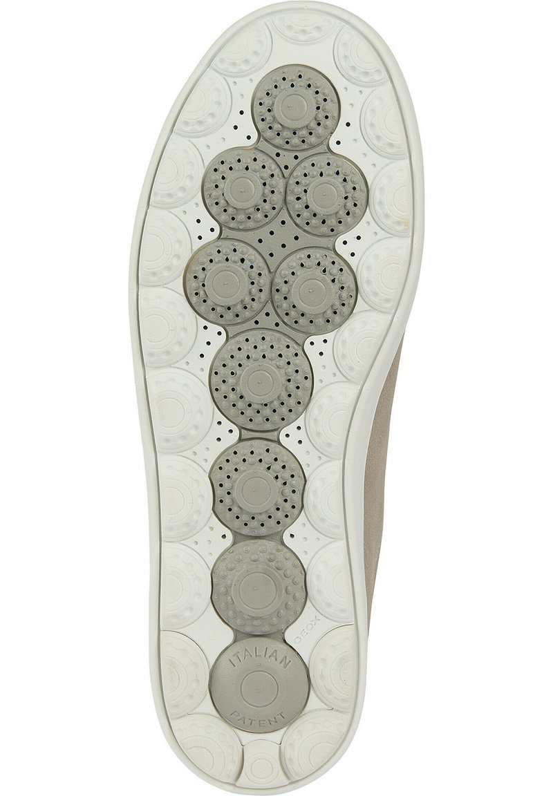 Szara gumowa podeszwa buta z okrągłymi, teksturowanymi wzorami oraz otworami wentylacyjnymi. Widoczne białe krawędzie i etykieta "WZÓR WŁOSKI".