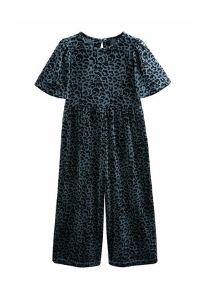 Samt-Jumpsuit in Dunkelblau mit schwarzem Leopardenmuster. Verfügt über kurze Puffärmel, einen runden Halsauschnitt und einen weitem Bein-Design.