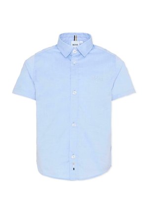 Jasnoniebieska koszula z krótkim rękawem wykonana z bawełny, z kołnierzem na guziki, zapinana z przodu na guziki, z małym wyszywanym logo „BOSS”.