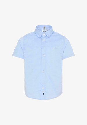 Lichtblauw katoenen overhemd met korte mouwen, voorzien van een button-down kraag, knopen aan de voorkant en een klein geborduurd "BOSS"-logo.