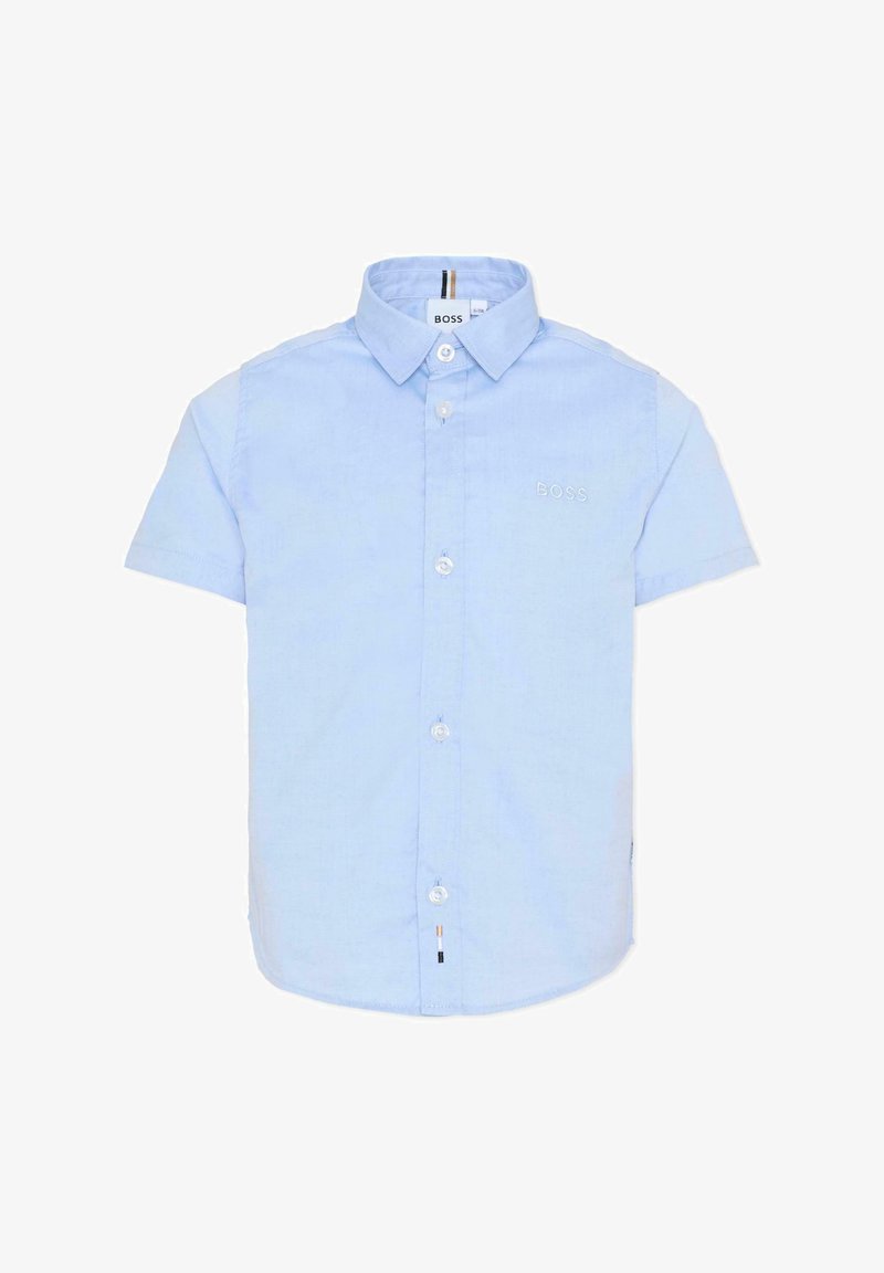 Chemise bleu clair à manches courtes en coton, dotée d'un col boutonné, de boutons sur le devant et d'un petit logo "BOSS" brodé.