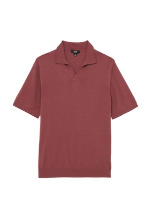 Short-sleeve, rust-colored polo shirt with open collar and ribbed hem, laid flat on a white background.
