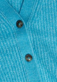 Cardigan lavorato a maglia color turchese con tessuto testurizzato, design a V e due bottoni scuri sul davanti per la chiusura.