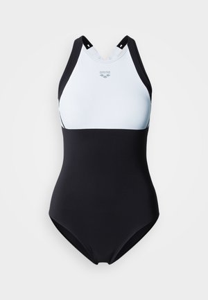 Costume intero bianco e nero con collo alto, spalline a racer back e pannello di tessuto a contrasto sul petto. Realizzato in materiale liscio ed elastico.