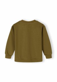 Olijfgroene sweatshirt met lange mouwen, ronde hals, rib gebreide manchetten en zoom. Gladde textuur met een eenvoudig, effen ontwerp. Achteraanzicht.
