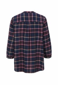 Marineblauwe geklede shirt met lange mouwen, voorzien van een patroon van roze en bordeauxrode vierkanten, een gestructureerde stof en een relaxte pasvorm.