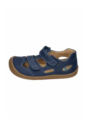 Navy blue children's sandal with adjustable double velcro straps, tan cushioned sole, and cut-out side and top ventilation holes.