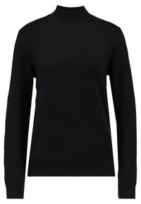 Svart höghalssweater med långa ärmar, ribbat ok och nederdel, tillverkad av ett mjukt, texturerat material. Enkel design, utan mönster eller dekorationer.