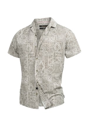 Kurzarm-Hemd mit Knöpfen in Beige und Weiß mit geometrischem Muster. Hergestellt aus leichtem Stoff, mit Kragen und einer Brusttasche.