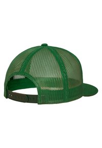 Zöld hálós snapback sapka szilárd napsütés elleni billenéssel és hátul állítható műanyag csíkkal, szellőzőnyílásokkal a légáteresztés érdekében.