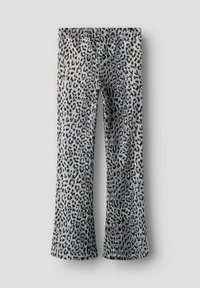 Pantalons évasés en imprimé animal gris et noir, dotés d'un tissu doux au toucher velouté et d'un bas large.