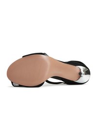 Black high-heeled shoe with a smooth texture, silver accent on the heel, and a patterned rubber sole for grip.