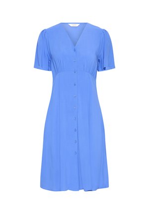 Blå knælængde kjole med korte puffærmer, V-hals, indsnævret talje og knaplukning foran.