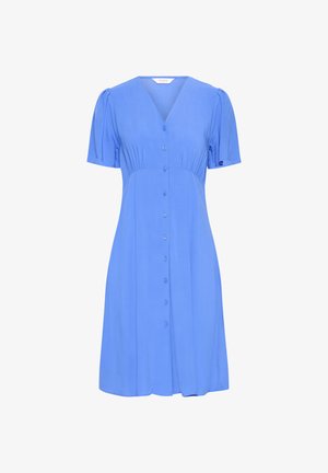 Blå knælængde kjole med korte puffærmer, V-hals, indsnævret talje og knaplukning foran.