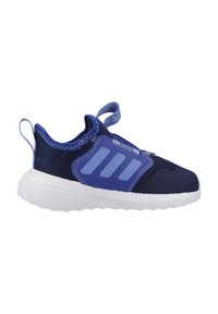 Zapatilla deportiva en azul marino con parte superior de malla, cordones elásticos y acentos en azul claro. Cuenta con una suela blanca y una tira en la parte trasera para facilitar el calzado.