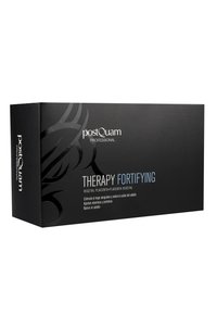 Caja rectangular negra etiquetada "postQuam Professional Therapy Fortifying" que contiene tratamiento con placenta vegetal con beneficios para el cuidado del cabello en español.