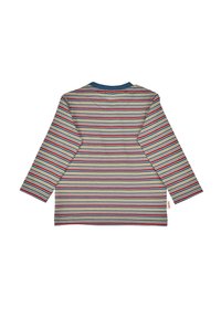 Langarmhemd mit horizontalen Streifen in Rot, Grün, Gelb und Blau auf einem hellgrauen Hintergrund, mit einem blauen Kragen und Etikett.