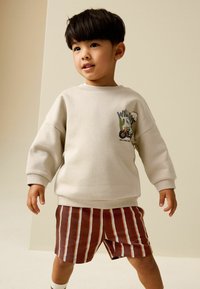 Smėlio spalvos džemperis su grafiniu dizainu ir raukšlėtomis rankogaliais, derinamas su bordo šortais su vertikaliomis įvairiaspalvėmis juostelėmis. Minkšta tekstūra.