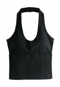 Černý žebrovaný crop top s kulatým výstřihem a širokými ramínky. Vyrobený z elastického materiálu, s bezešvým zakončením a přiléhavým střihem.