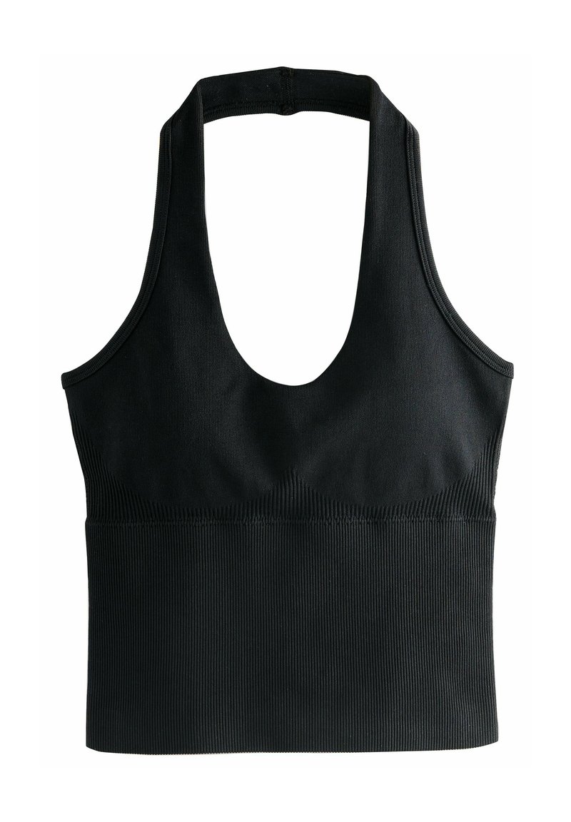 Černý žebrovaný crop top s kulatým výstřihem a širokými ramínky. Vyrobený z elastického materiálu, s bezešvým zakončením a přiléhavým střihem.