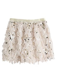 Pufasta, svijetlo ružičasta suknja sa šljokicama i teksturiranom površinom, s zlatnim elastičnim pojasom i raspršenim metalik detaljima po cijeloj površini.