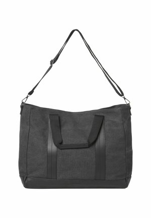Große schwarze und graue Stoff-Tote-Tasche mit zwei Griffen und einem verstellbaren Schultergurt, ausgestattet mit Lederakzenten an der Unterseite und den Griffen.