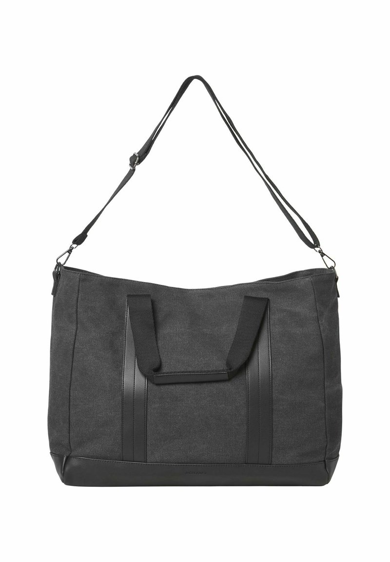 Große schwarze und graue Stoff-Tote-Tasche mit zwei Griffen und einem verstellbaren Schultergurt, ausgestattet mit Lederakzenten an der Unterseite und den Griffen.