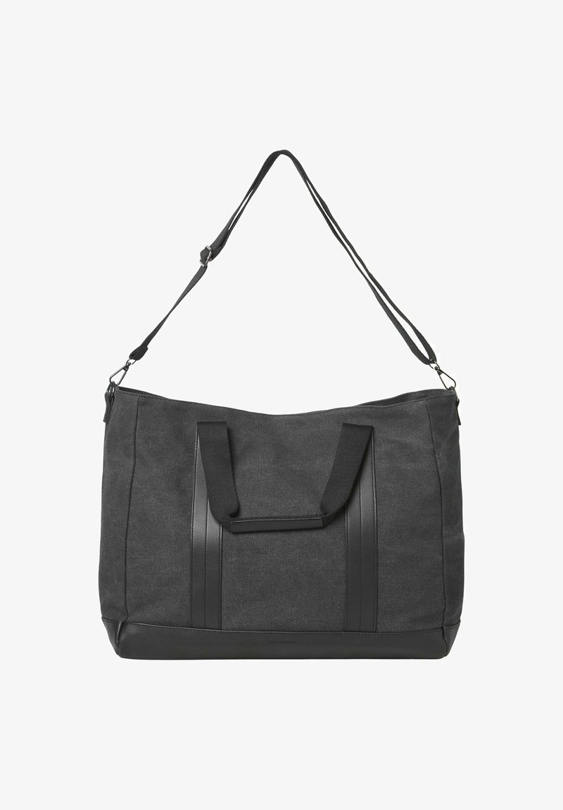 Große schwarze und graue Stoff-Tote-Tasche mit zwei Griffen und einem verstellbaren Schultergurt, ausgestattet mit Lederakzenten an der Unterseite und den Griffen.