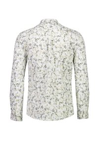 Koszula z długim rękawem z lekkiego materiału, z kwiatowym wzorem w zielonych i stonowanych kolorach, z klasycznym kołnierzykiem i zapinana na guziki.